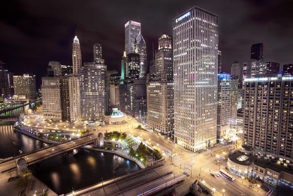 Обои Chicago, sky line, city, огни, вечер, небоскребы, небоскребы, чикаго