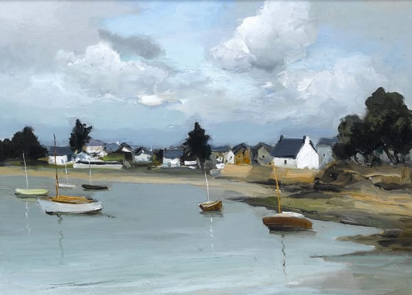 Обои Марсель Диф, Boats at Port Navelo, Brittany, лодки, картина, бухта, пейзаж, дома