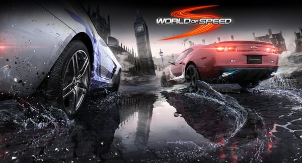 Обои World of Speed, автомобили, небо, брызги, лого, Mercedes, London, Лондон, вода, logo, машины, myGames, дорога, дома, Slightly Mad Studios, Chevrolet, Биг-Бен, Big Ben, отражение, Camaro