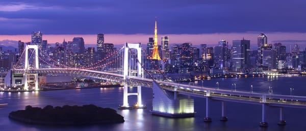 Обои Tokyo, Japan, Радужный мост, Rainbow Bridge, островок, Токио, ночной город, Токийский залив, панорама, залив, мост, Tokyo Bay, Япония