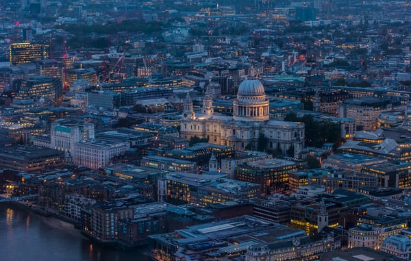 Обои Лондон, собор Святого Павла, вид с башни Shard, панорама, англия, дома, вечер, огни