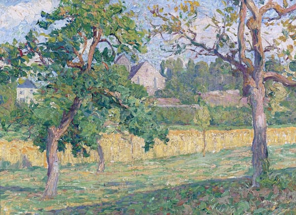 Обои Анри Лебаск, поле, дом, Деревенский пейзаж, картина, деревья