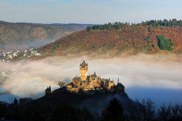 Обои Германия, Cochem, горы, река, Reichsburg, туман, замок, вид сверху
