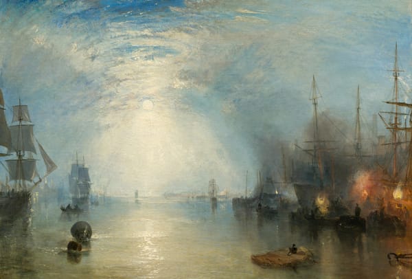 Обои Уильям Тёрнер, Keelmen Heaving in Coals by Moonlight, парус, корабли, картина, морской пейзаж, облака, небо