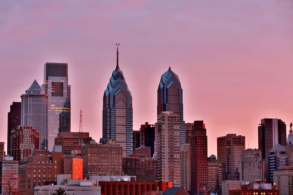 Обои утро, Филадельфия, небоскрёбы, USA, свечение, Philadelphia, город, Pennsylvania, рассвет