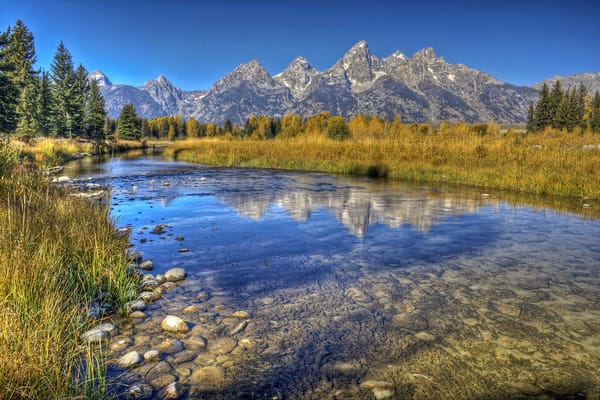 Обои Grand Teton, США, ручей, трава, Национальный парк, деревья, осень, камни, дно, горы