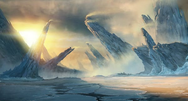 Обои Lost Planet 3, скалы, лед, снег, ветер, море, рассвет, пейзаж, вода, concept art, глыбы