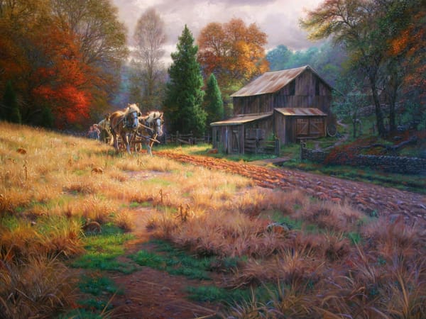 Обои Mark Keathley, деревня, живопись, пашня, осень, The Legacy, дети, кони, поле, сарай
