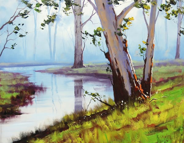 Обои Australian арт, река, деревья, artsaus, landscape, листья, природа