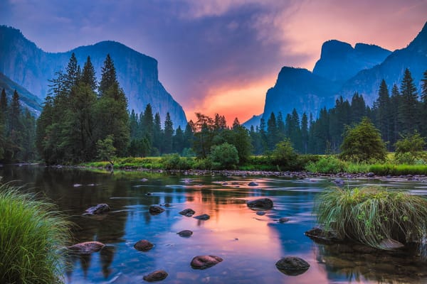 Обои закат, yosemite national park, сша, калифорния, горы, река, небо, природа, лес