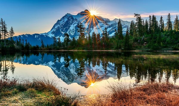 Обои природа, утро, пейзаж сша, осень, солнце, лучи, лес, гора бейкер, отражения, штат вашингтон, река