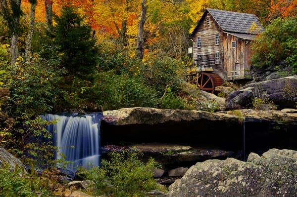 Обои пейзаж, осень, crist mill, река, мельница, лес, babcock state park, водопад