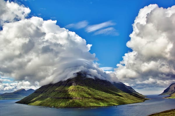 Обои природа, фарерские острова, небо, горы, faroe islands, рыбхоз, залив, облака