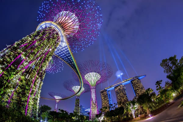 Обои ночь, сингапур, архитектура, подсветка, парк, marina bay sands, сад, марина бей, огни, singapore, gardens by the bay