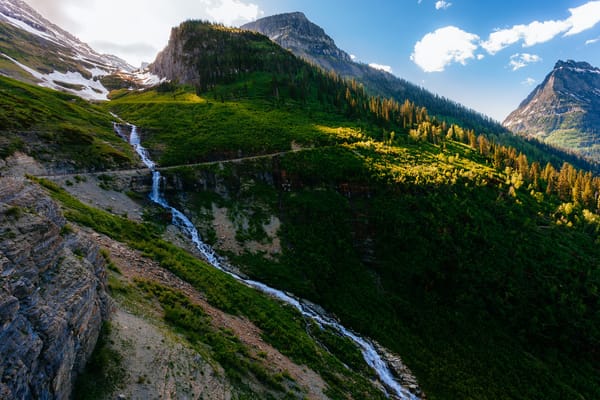 Обои деревья, речка, горы, logan pass, glacier national park, пейзаж