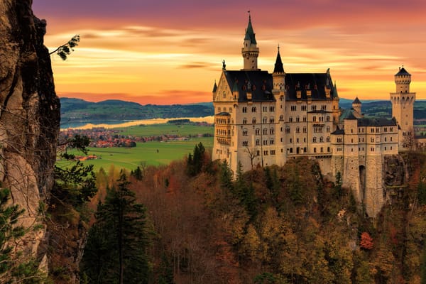 Обои горы, осень закат, нойшванштайн, бавария, neuschwanstein, леса, замок