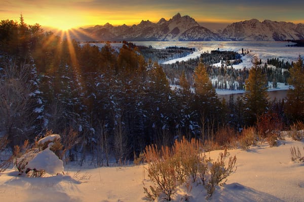 Обои wyoming, grand teton national park, sunburst wide angle from snake river - snake river