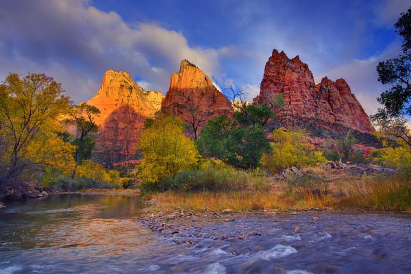 Обои utah, zion national park, first light on the peaks - three patriarches, virgin river
