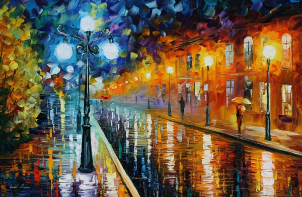 Обои дорога, фонарь, дождливая, люди, дома, leonid afremov, зонтик, погода