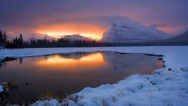 Обои закат, sunrise vermilion lakes, пейзаж, banff national park