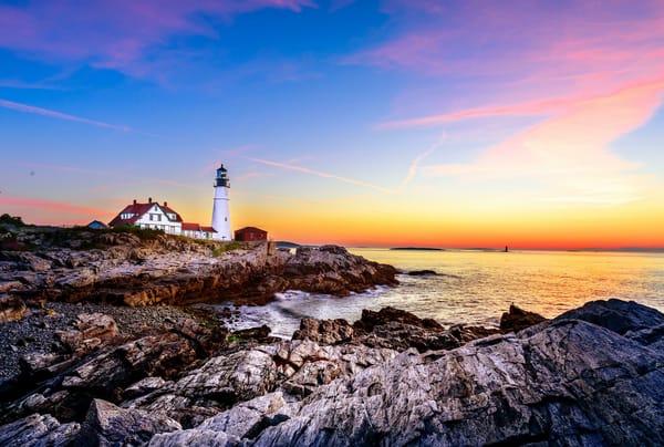Обои Маяк, Залив Мэн, Мэн Портленд-Харбор, море, скалы, закат, Portland Head Lighthouse, пейзаж, Мыс Элизабет