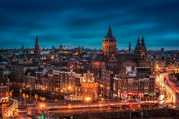 Обои Amsterdam, Нидерланды, иллюминация, огни, ночь, Голландия город, Амстердам