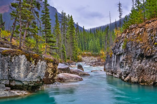 Обои Kootenay National Park, течение, река, камни, Национальный парк Кутеней, скалы деревья, природа, пейзаж, Мраморный каньон, Canada, Marble Canyon, Канада
