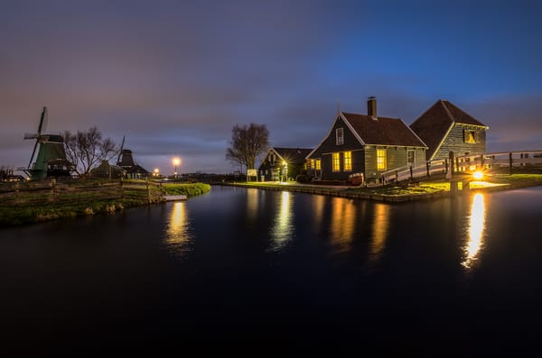 Обои Zaanse Schans, дома, канал, Нидерланды, Зандам, пейзаж, ночь
