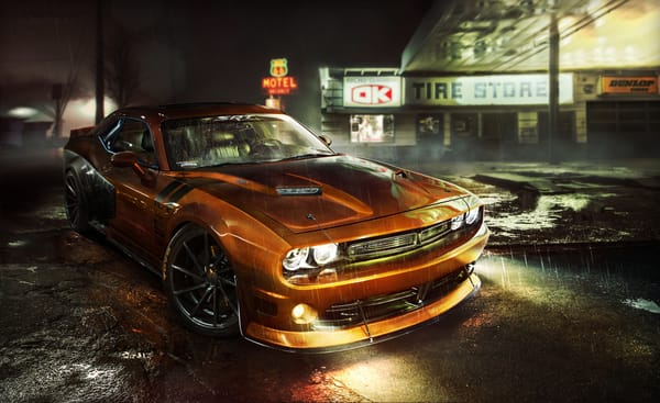 Обои DODGE Challenger, ночь, иллюминация, свет, машина, огни, фары, автомобиль