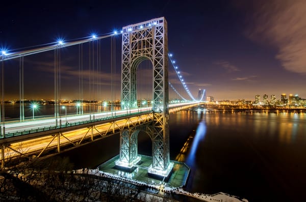 Обои Manhattan, USA, дорога, ночь, Гудзон, New Jersey, Нью-Йорк, George Washington Bridge, свет, Манхэттен, река, огни, NYC, город, Hudson River, США, Нью-Джерси, New York City, мост Джорджа Вашингтона