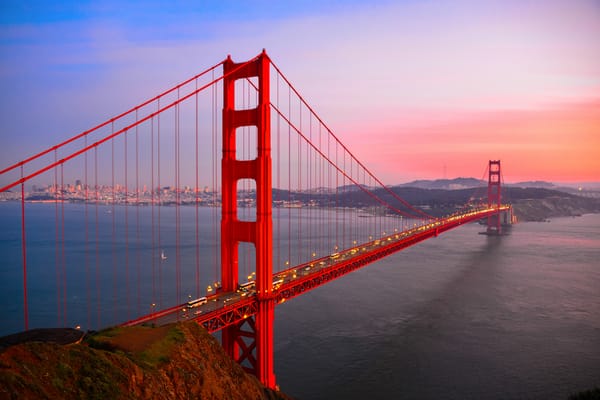Обои Сан-Франциско, Калифорния, огни, город, San Francisco, California, USA, США, Golden Gate Bridge, мост, дорога, вода, залив, Золотые Ворота, шоссе, закат, вечер