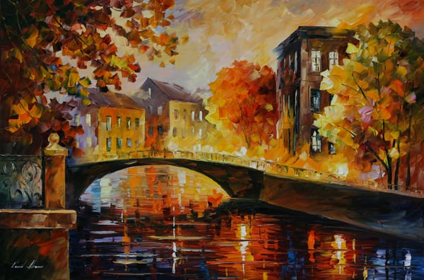 Обои осень, Leonid Afremov, пейзаж, мостик, деревья, дома, городской
