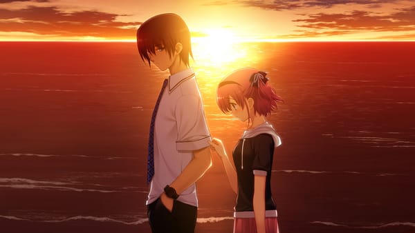 Обои аниме, вечер, двое, настроение, закат, grisaia no kajitsu, любовь, игра, komine sachi