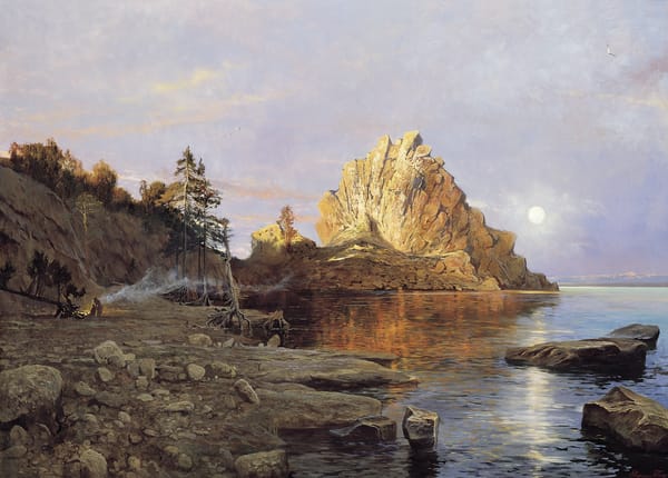 Обои clear lake, пейзаж, 6 mb, Гребень Чингисхана, берег, славное море, картина, огонь, силуэты, stones, дым, костер, солнце, деревья, отражение, корни, холмы на горизонте, Озеро Байкал, скалы, rock