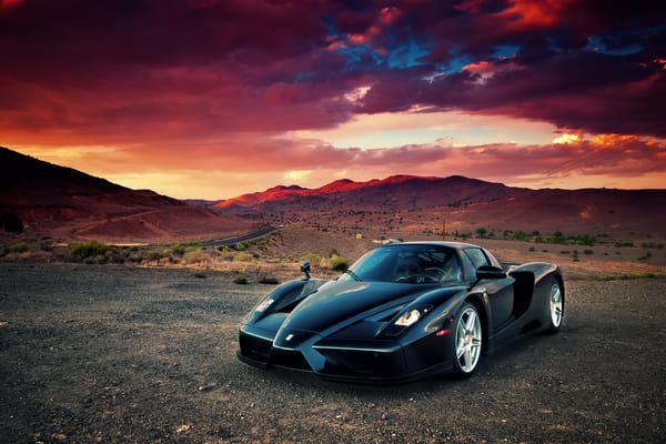 Обои феррари енцо, закат, пустыня, supercar, облака, Ferrari Enzo