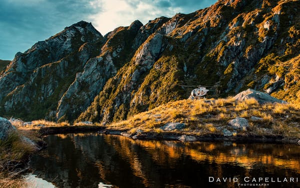 Обои горы, David Capellar, вертолет, скалы, озеро, New Zealand, Новая Зеландия, природа