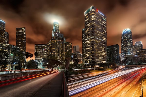 Обои огни, дороги, ночь, дома, город, небоскребы, Los-Angeles