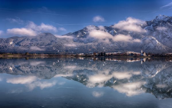 Обои Альпы, Bavaria, Бавария, Lake Forggensee, Alps, Germany, озеро Форггензе, отражение, Германия, горы