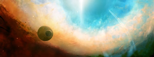 Обои Космос, сияние, звезды, свет, space, полет, траектория, туманность, dual monitor, планеты