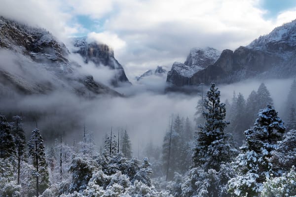 Обои снег, зима, Yosemite National Park, Калифорния, природа, USA, облака, туман, горы, деревья, лес, Йосемити, США
