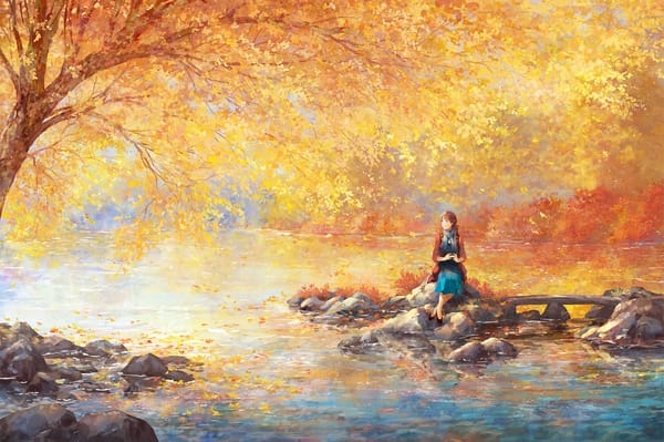 Обои арт, нарисованный пейзаж, листва, девушка, дерево, сад, камни, река