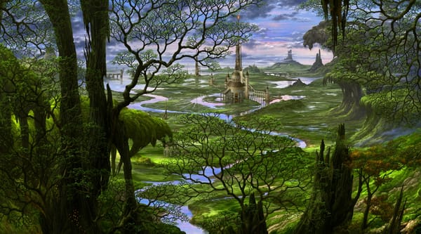 Обои Kazamasa Uchio, fantasy, лес, фэнтези, сказка, Казамаса Учио, castle, арт, Ucchiey, Япония, landscape, деревья, река, замок, Japan, fairytales
