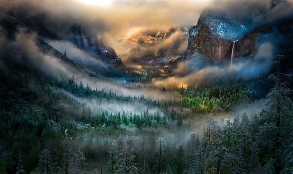 Обои горы, California, Tunnel View, Yosemite National Park, туман, водопад, Bridalveil Falls, зима, долина, рассвет, лес