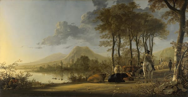 Обои картина, небо, живопись, пейзаж, всадник, Алберт Кейп, River Landscape with Horseman and Peasants, Речной Пейзаж с Наездником и Крестьянами, деревья, река, коровы