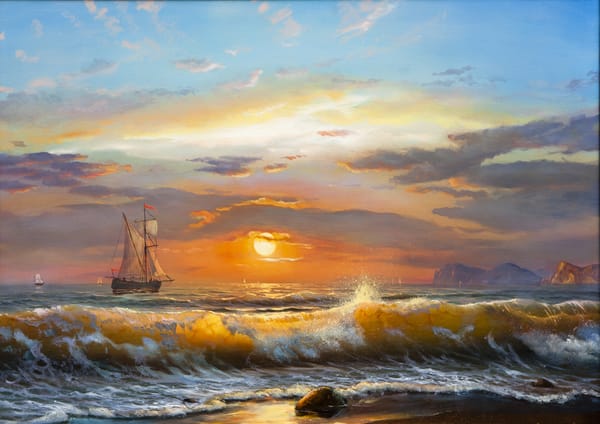 Обои солнечный свет, landscape, sunlight, clouds, waves, море, закат, sea, волны, oil painting, sunset, живопись маслом, парусник, sky, пейзаж, sailboat, облака, небо