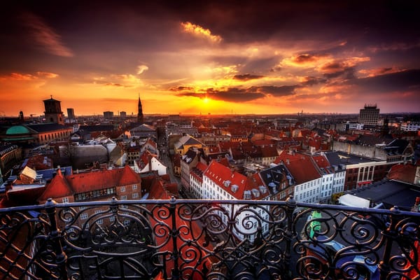 Обои Копенгаген, Danmark, Дания, вечер, город, здания, København, Copenhagen, дома, панорама, закат