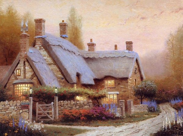 Обои Thomas kinkade, кинкейд, коттедж, цветы, домик, лето, картина, живопись