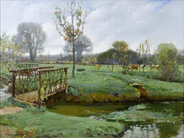 Обои картина, река, облака, мостик, трава, пейзаж, ручей, Сэмюэл Бёрч, небо, луг, Пейзаж с коровами на лугу, коровы