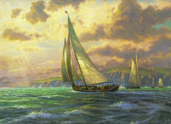 Обои New Horizons, Thomas Kinkade, парусники, sea, Томас Кинкейд, живопись, Новые горизонты, парус, painting, волны, море