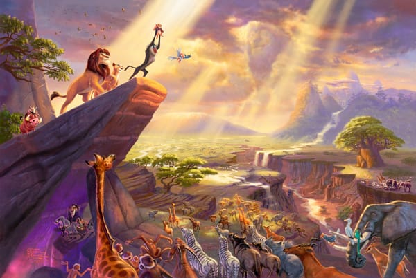 Обои The Lion King, Золотой Глобус, скала, свет, ущелье, реки, рисунок, зарисовка, Грэмми, фильм, тучи, Томас Кинкейд, мультфильм, рисунки, солнечный, каньон, живопись, Thomas Kinkade, красивая, оригинальная, персонажи, премии, русло, Король Лев, картины, Оскар, горы, красочная, анимационный, карти